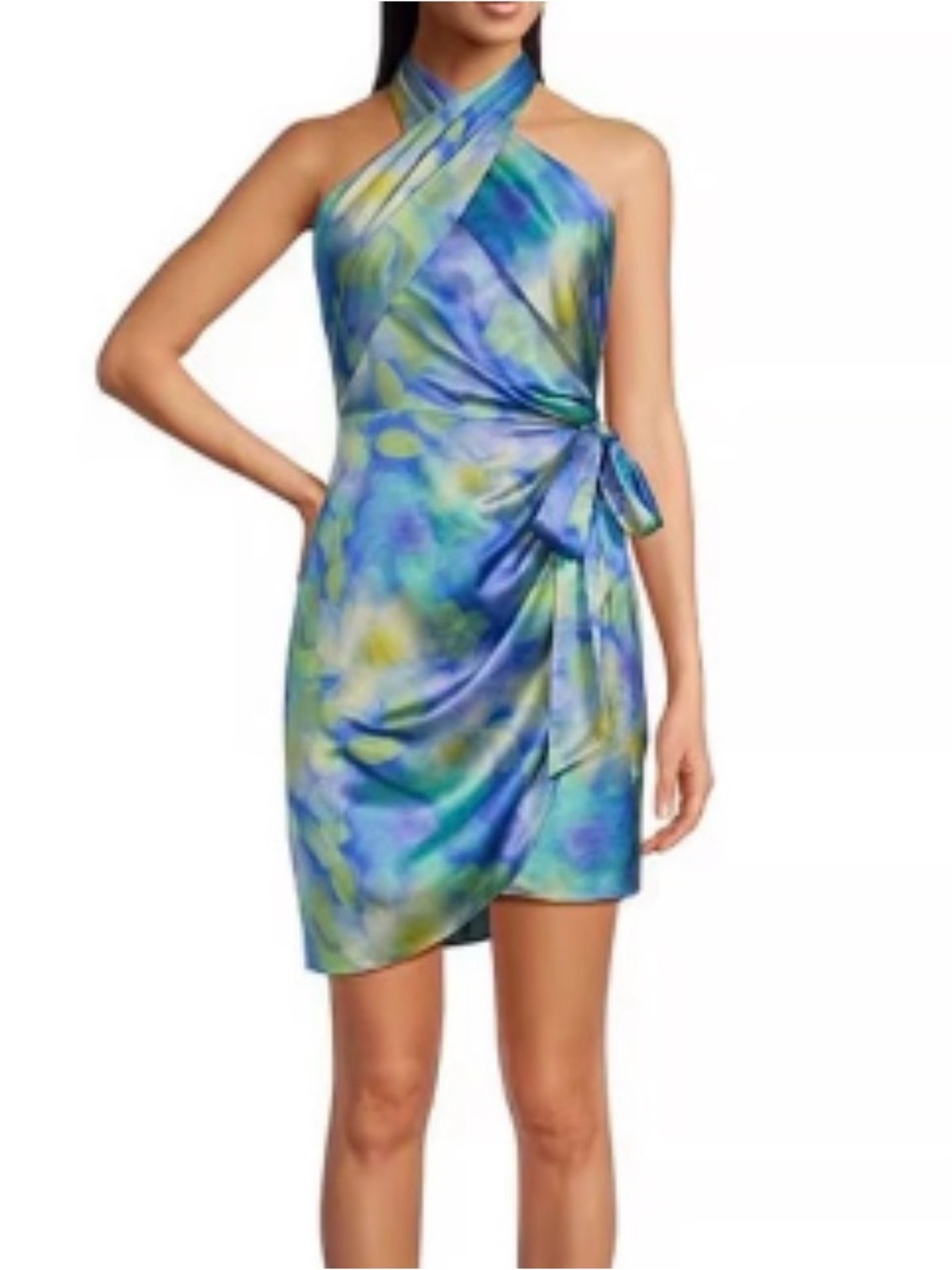 Belle by Badgley Mischka Lexi Halter Twist Front Wrap Mini Dress Watercolor Bow